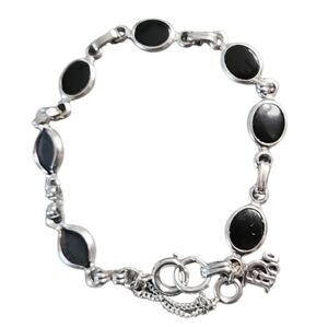 Dior Sterling Silver Black Onyx Oval Link 7.5" Bracelet w/Safety Chain